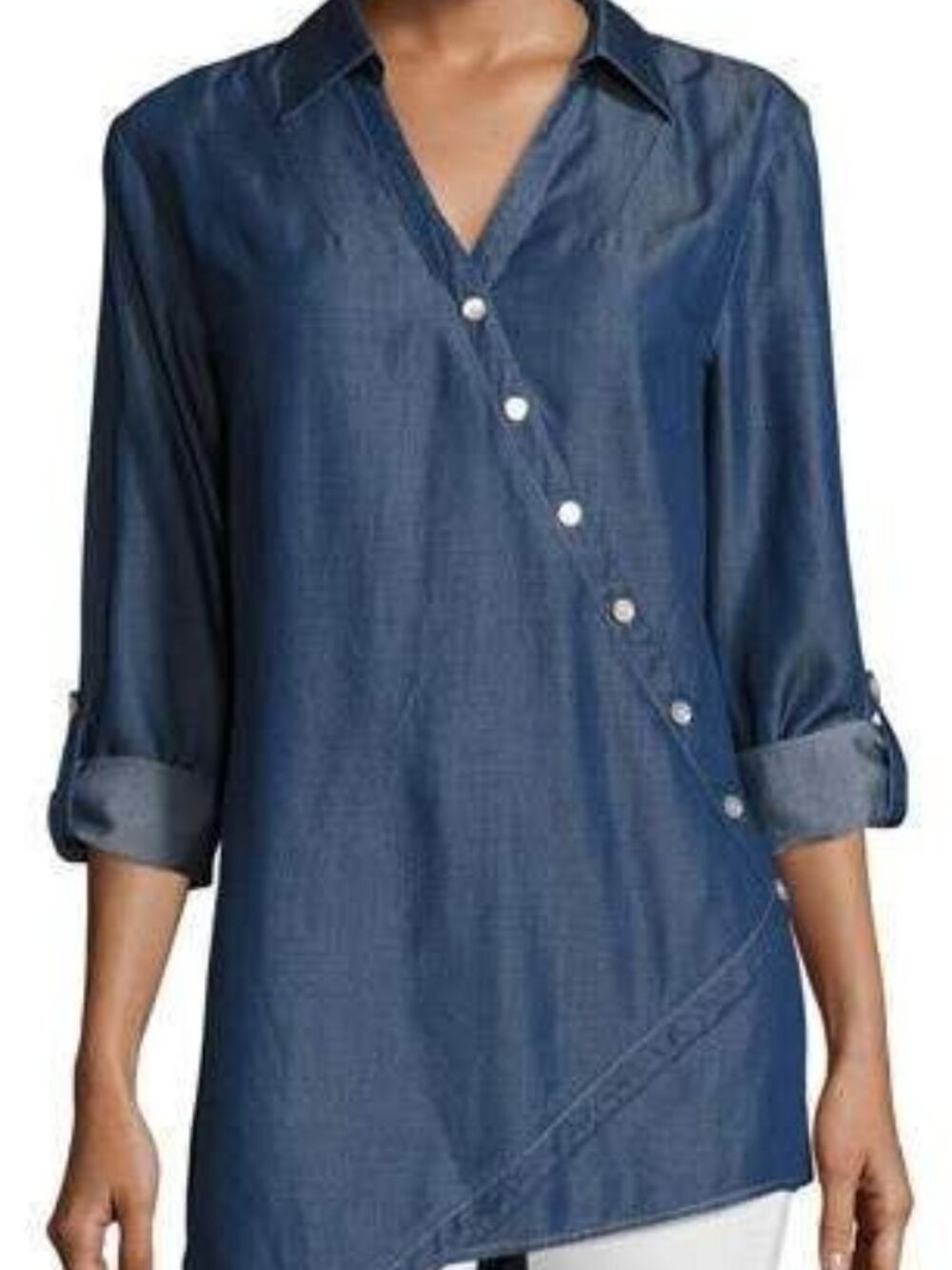Go Silk Denim Asymmetric Button Detail Chambray Shirt Size 2X